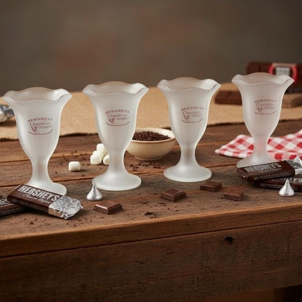 Set of 4 Frosted Hershey's Chocolate Memories Parfait Ice Cream Sundae Glasses *